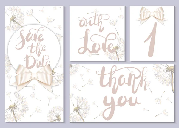 一套结婚贺卡和请柬 有刻字的卡片和美丽的蒲公英 — 图库矢量图片