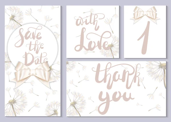 Ensemble Cartes Mariage Invitations Cartes Avec Lettrage Beaux Pissenlits — Image vectorielle