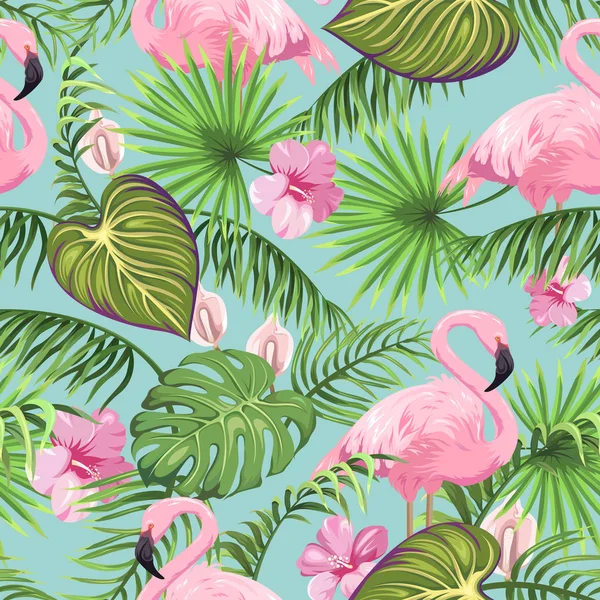 Seamless Pattern Tropical Leaves Exotic Flowers Flamingo — Stock Vector