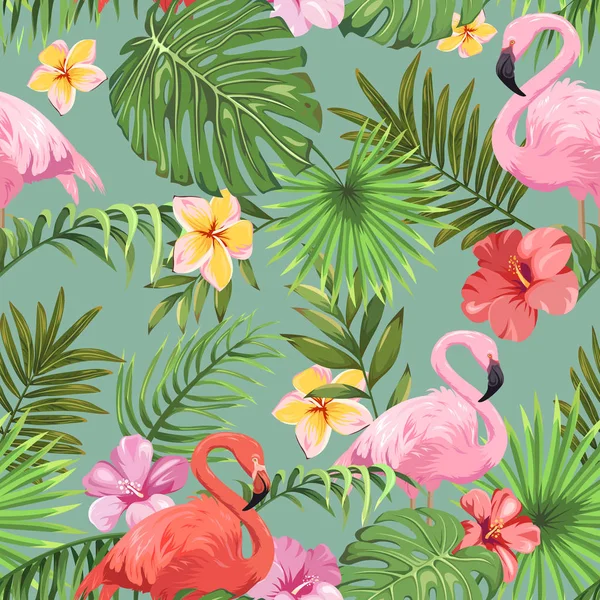 Seamless Pattern Tropical Plants Colorful Flamingos — Stock Vector