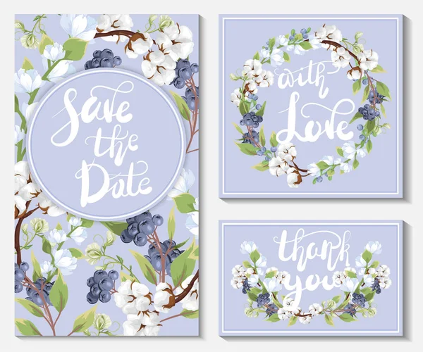 Garde Date Ensemble Cartes Mariage Invitations Avec Délicates Fleurs Coton — Image vectorielle