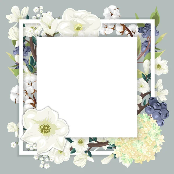 Modelo Quadrado Com Belas Flores Brancas Bagas Azuis — Vetor de Stock