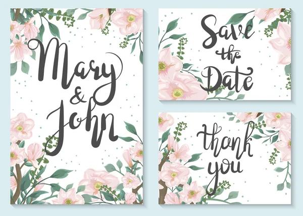 保存日期 一套婚礼请柬和花枝卡片 — 图库矢量图片