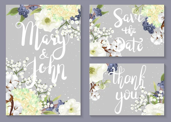 Garde Date Ensemble Invitations Mariage Cartes Avec Des Branches Fleuries — Image vectorielle