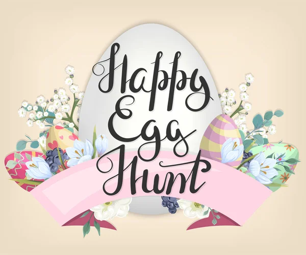 Szczęśliwy Egg Hunt Wielkanocne Życzeniami Kolorowych Jaj Wstążki Kwiaty — Wektor stockowy