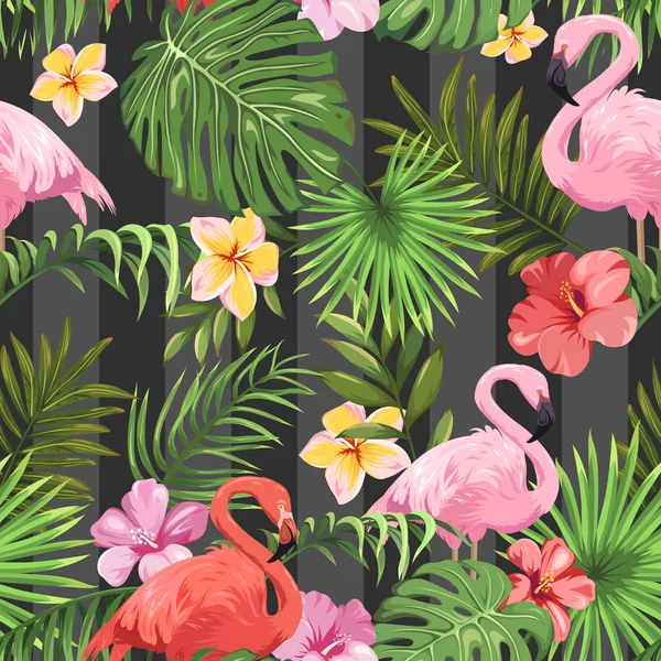 Seamless Pattern Exotic Flowers Tropical Leaves Flamingos — Stock Vector