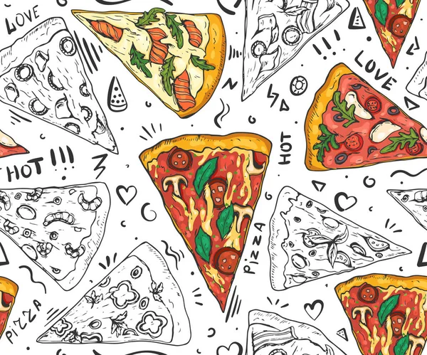 Seamless Pattern Hand Drawn Slices Pizza — Stock Vector