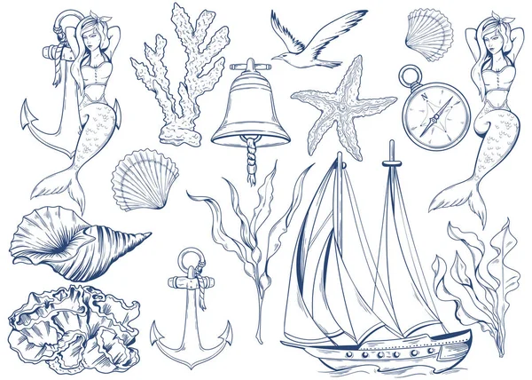 一套航海图解 手绘轮廓 美人鱼 海藻等 — 图库矢量图片
