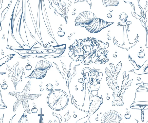 海と航海の要素とシームレスなパターン 手描きのアウトライン マーメイド ヨット サンゴ 海藻など — ストックベクタ