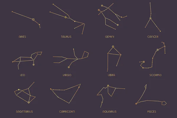 Constelações, coleção de 12 signos do zodíaco —  Vetores de Stock