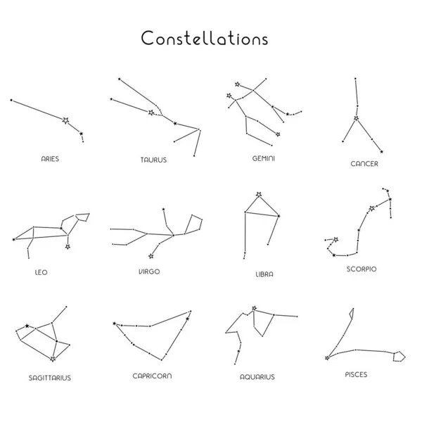 Constelações, coleção de 12 signos do zodíaco —  Vetores de Stock