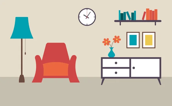 Sala de estar con muebles diseño plano vector ilustración — Vector de stock