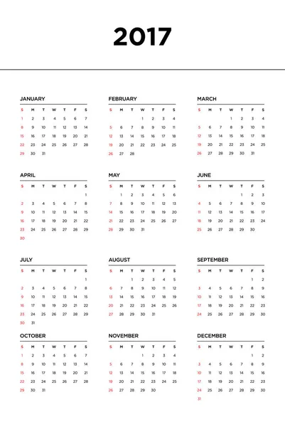 Calendario 2017 para un año sobre fondo blanco — Archivo Imágenes Vectoriales