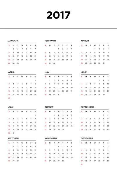 Calendario 2017 para un año sobre fondo blanco — Vector de stock