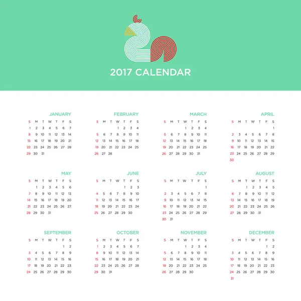 Calendario 2017 por un año, diseño plano — Vector de stock