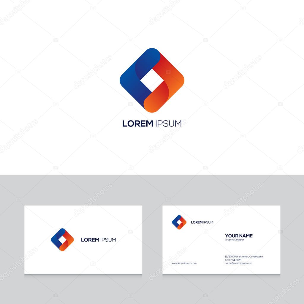 Abstract modern blue and orange logo on business card template, vector illustration