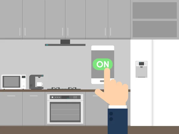 Control de concepto de tecnología de cocina inteligente con teléfono inteligente — Vector de stock
