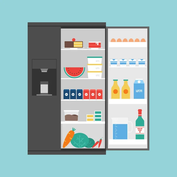 Öppnade moderna kylskåp fulla av mat — Stock vektor