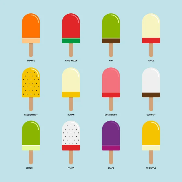 Conjunto de iconos de helado de sabor a fruta de diseño plano — Archivo Imágenes Vectoriales