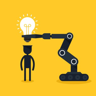 Yaratıcı bir fikir kavramı. Robot ampul insan beyninin koymak.