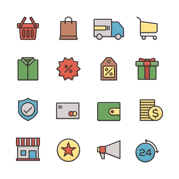 E-commerce business icon set schema design piatto — Vettoriale Stock