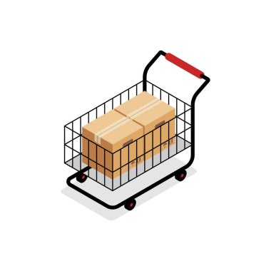 Beyaz arka plan üzerinde izole kutuları ile izometrik alışveriş sepeti