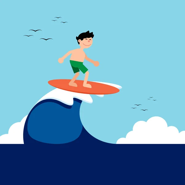 Surferjunge reitet im Sommer auf einer Welle mit Meereslandschaft Hintergrund — Stockvektor