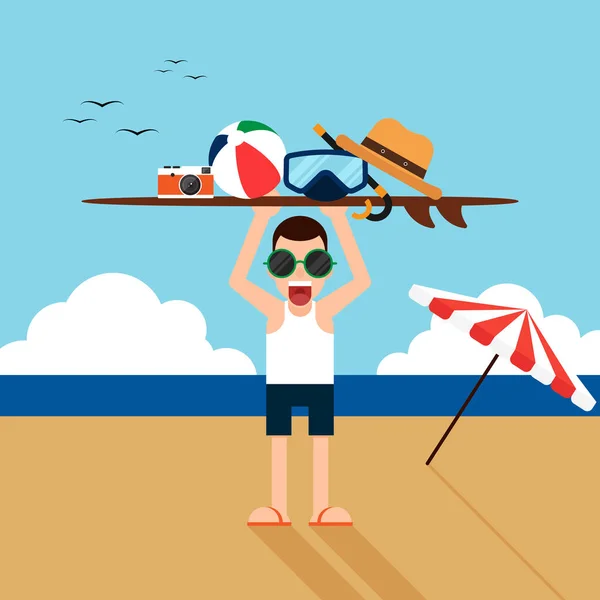 Mutlu tatil plaj düz tasarım konsepti — Stok Vektör