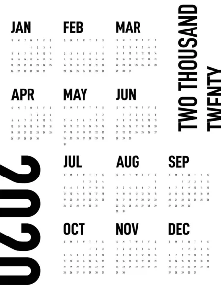 Calendário 2020 modelo de design para um ano moderno estilo mínimo — Vetor de Stock