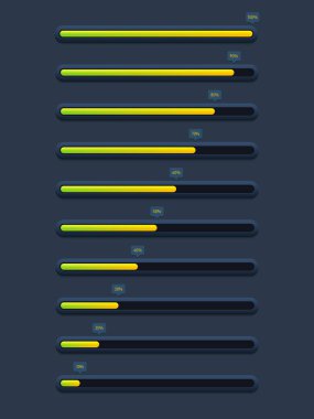 Çağdaş geleceksel gelişim koleksiyonu çubuk yükleme ve tamponlama. Grafik tasarım ögesi grafik kullanıcı arayüzü, vektör illüstrasyonu için kullanılabilir