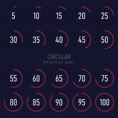 Modern fütüristik dairesel ilerleme yükleme çubuğu koleksiyonu. Grafik tasarım öğesi grafik kullanıcı arabirimi, vektör illüstrasyon için kullanılabilir