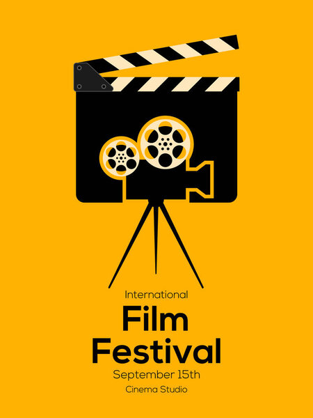 Шаблон для оформления кино- и киноплакатов с винтажной кинокамерой и планшетом. Применяется для backdrop, banner, brochure, leaflet, flyer, print, publication, векторная иллюстрация
