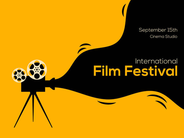 Шаблон дизайна фильма и плаката с винтажной кинокамерой. Применяется для backdrop, banner, brochure, leaflet, flyer, print, publication, векторная иллюстрация
