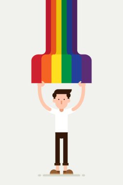 LGBT topluluk posterinin arka planında gökkuşağı bayrağı tutan bir adam var. Grafik tasarım ögesi arkaplan, pankart, broşür, broşür, broşür, yayın, vektör illüstrasyonu için kullanılabilir