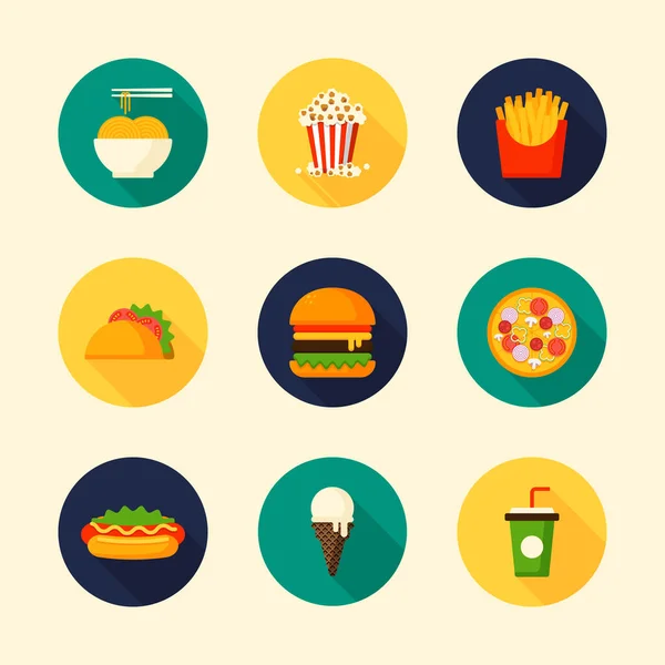 Set of food and drink flat design icon with long shadow in circle shape, vector illustration