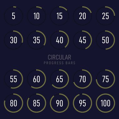 Modern fütüristik dairesel ilerleme yükleme çubuğu koleksiyonu. Grafik tasarım öğesi grafik kullanıcı arabirimi, vektör illüstrasyon için kullanılabilir