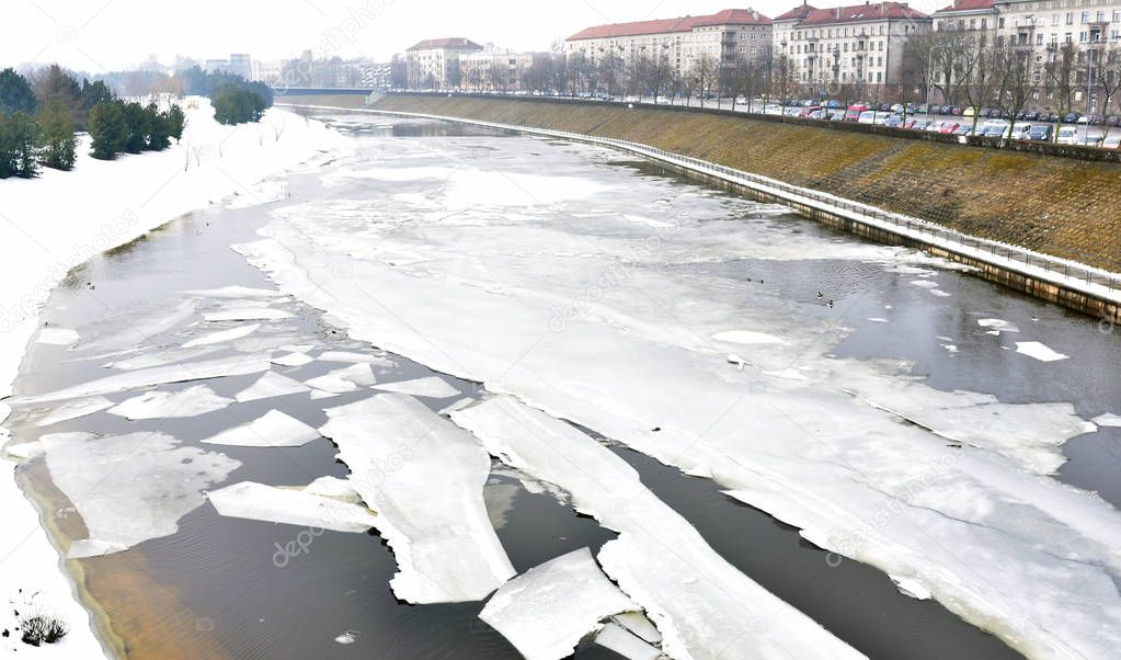 Nemumas River is frozen in winter, Kaunas, Lithuania