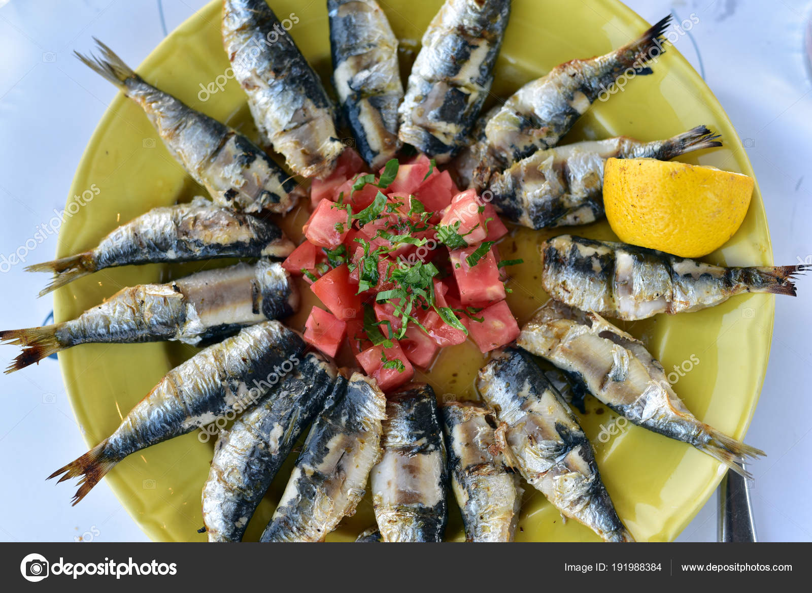 Seafood Grilled Sardines Served Traditional Greek Tavern Milos Island