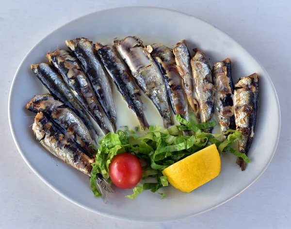 Plate Sardines Lemon Vegetables Milos Island Greece — Stock Photo, Image