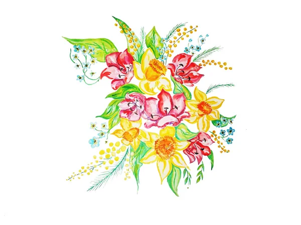 Букет весенних цветов - нарциссы, тюльпаны, забудки — стоковый вектор