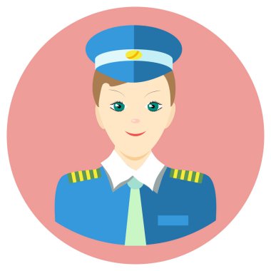 Düz bir stil simgesi adam pilot. Vektör görüntü yuvarlak renkli arka plan üzerinde. Öğe tasarımı, arayüz. Resim karikatür tarzı