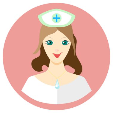 Kız hemşire simgesini düz bir stil. Vektör görüntü yuvarlak renkli arka plan üzerinde. Öğe tasarımı, arayüz. Resim karikatür tarzı