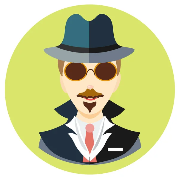 Icono espía hombre en un estilo plano. Imagen vectorial sobre fondo redondo de color. Elemento de diseño, interfaz. Imagen en el estilo de dibujos animados — Vector de stock