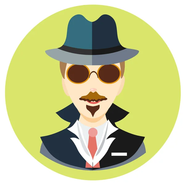 Ikone Mann Spion in einem flachen Stil. Vektorbild auf einem runden farbigen Hintergrund. Element des Designs, Schnittstelle. Bild im Cartoon-Stil — Stockvektor