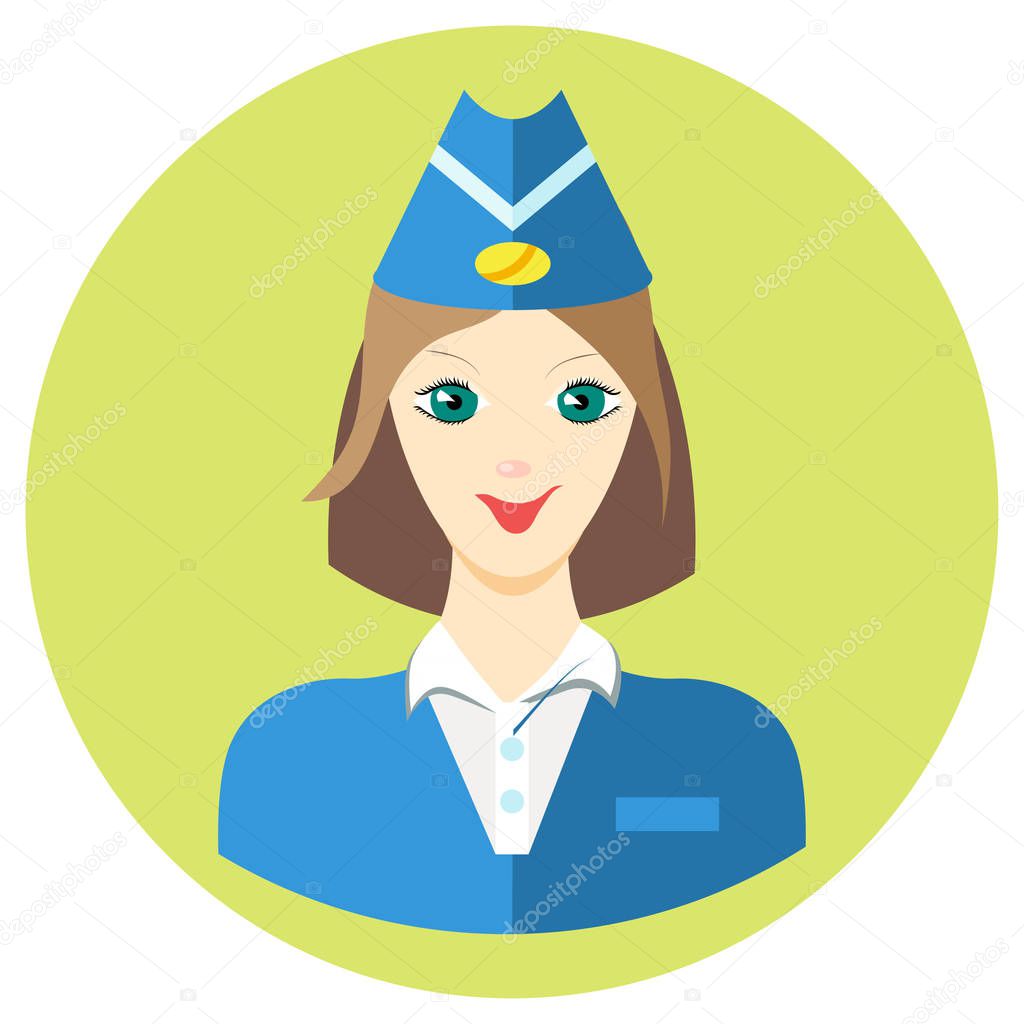 Woman stewardess iconin a flat style. Vector image on a round colored background. Element of design, interface. Image in the cartoon style