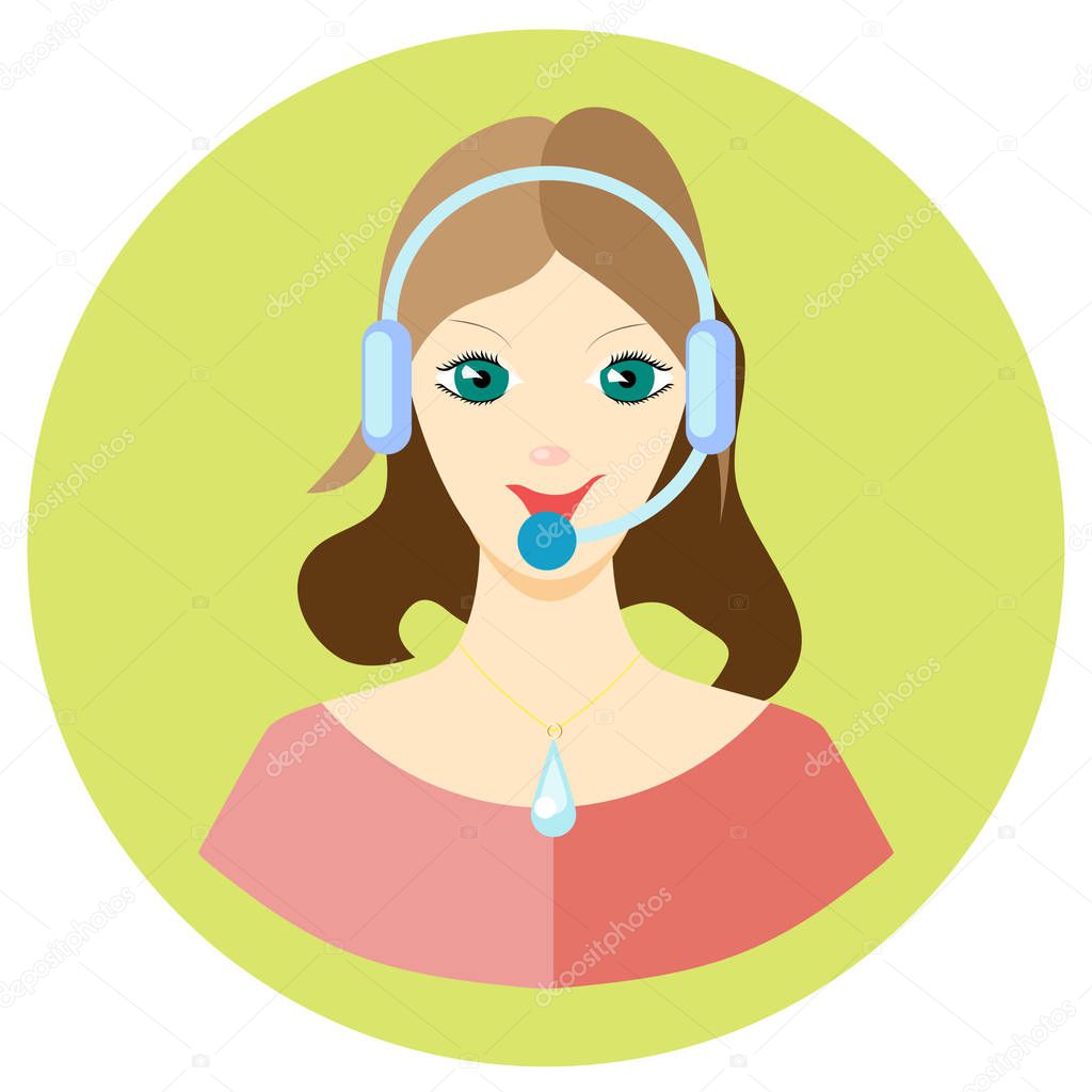 Icon girl call center employee in a flat style. Vector image on a round colored background. Element of design, interface. Image in the cartoon style