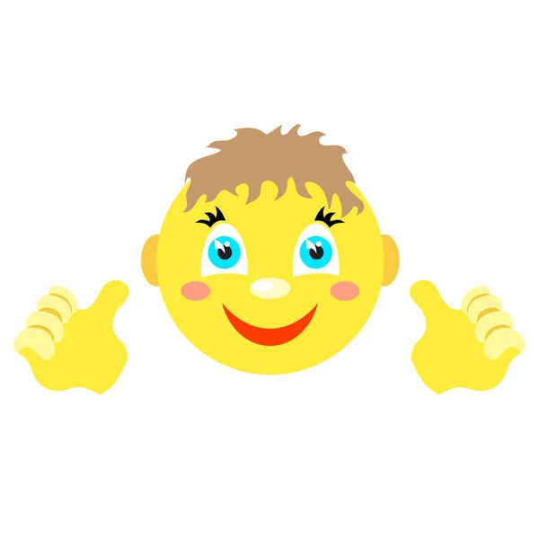 Smiley jongen met vinger-gebaar met beide handen. — Stockvector