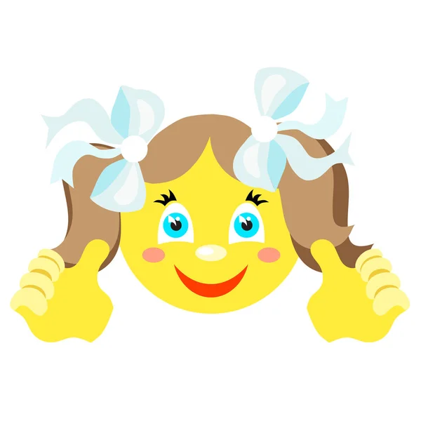 Smiley meisje met vinger-gebaar met beide handen. — Stockvector