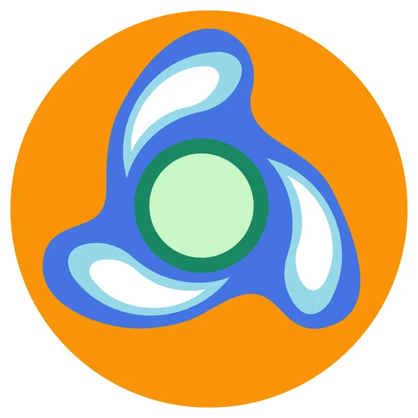 Blauwe spinner met blauwe druppels op de messen met een vlakke stijl. Vector afbeelding op een ronde oranje achtergrond. Element van ontwerp, interface — Stockvector