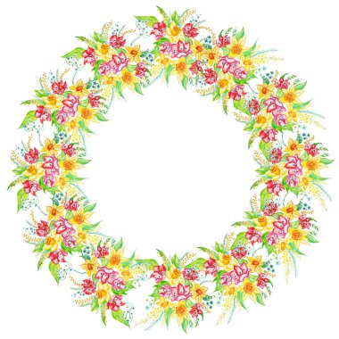 Yuvarlak kare. Bir buket bahar çiçek - Nergis, Lale, korun. Sulu boya resim. Tasarım öğesi